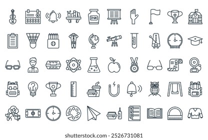 50 linear back to school icon pack. vector thin line  , calendar, bell, book shelf, ink, whiteboard, raise hand icons suitable for apps and websites ui designs.