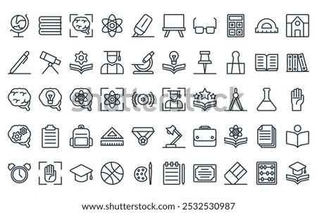 50 linear back to school icon pack. vector thin line focus, books, target, atom, highlighter, board, glasess icons suitable for apps and websites ui designs.