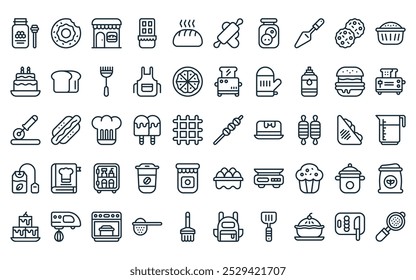 50 linear bakery icon pack. vector thin line skewers, donut, bakery shop, chote bar, bread, rolling pin, cookie jar icons suitable for apps and websites ui designs.