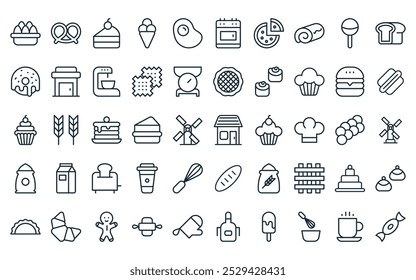 Paquete de iconos de panadería lineal de 50 Vectores Casa de línea delgada, pretzel, pedazo de pastel, helado, huevo frito, horno, iconos de pizza adecuados para App y Sitios web.