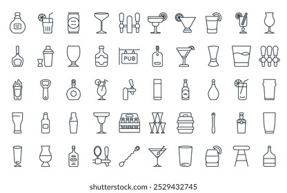 50 linear bar and alcohol icon pack. vector thin line glass, cocktail, beer can, glass, beer tap, cocktail, cocktail icons suitable for apps and websites ui designs.