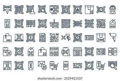 50 linearer Barcode und qr Icon Pack. Vektor dünne Linie qr Code-Scan, qr Code, Code, Symbole geeignet für Anwendungen und Websites ui Designs.