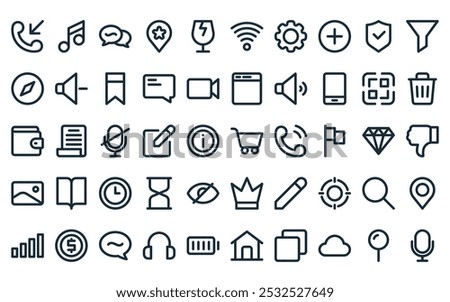 50 linear basic interface set icon pack. vector thin line cart, music note, chat balloon, placeholder, fragility, wifi, ting icons suitable for apps and websites ui designs.