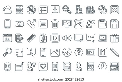 50 básico linear ui ícone pack. falante vetor linha fina, servidor, mudo, tting, download, zoom out, construção de ícones adequados para aplicativos e sites projetos de iu.