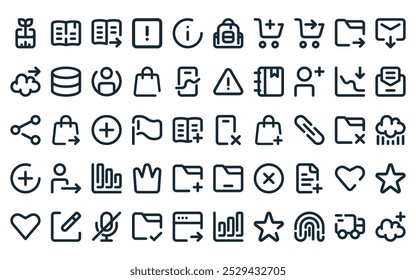 50 linear basic ui icon pack. vector thin line smartphone payment, agenda, book circle arrow right, checkbox, faq, backpack, shopping and commerce icons suitable for apps and websites ui designs.