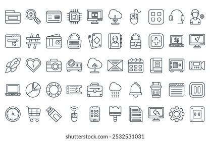 Paquete de iconos de interfaz de usuario básica lineal de 50. Vector Video de correo de línea delgada, acercamiento, tarjeta de crédito, CPU, reproductor, Descarga en la nube, iconos de mouse adecuados para App y Sitios web.