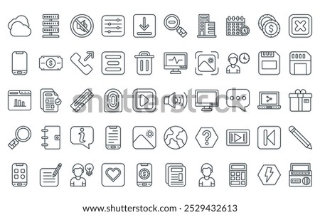 50 linear basic ui icon pack. vector thin line speaker, server, mute, ting, download, zoom out, building icons suitable for apps and websites ui designs.