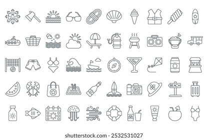 50 paquete de iconos de actividad de playa lineal. Vector de línea delgada brújula, hacha, sol, gafas de sol, cuerda, concha, iconos de helado adecuados para App y Sitios web.