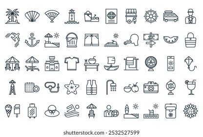 50 linear beach and summer icon pack. vector thin line boat, shell, hand fan, lighthouse, sand bucket, passport, ice cream cart icons suitable for apps and websites ui designs.