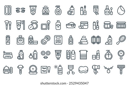 50 linear beauty icon pack. vector thin line oil, eyelashes, lotion, aromatherapy, soap, makeup remover, mascara icons suitable for apps and websites ui designs.