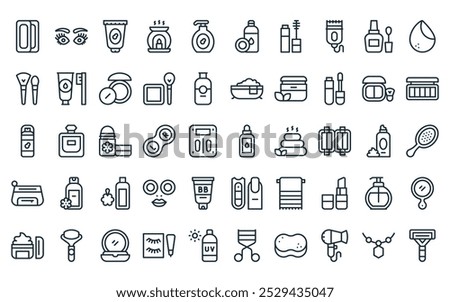 50 linear beauty icon pack. vector thin line oil, eyelashes, lotion, aromatherapy, soap, makeup remover, mascara icons suitable for apps and websites ui designs.