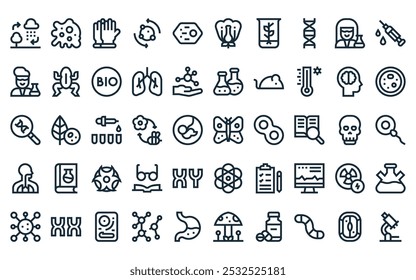 50 linear biology icon pack. vector thin line butterfly, amoeba, gloves, metabolism, plant cell, flower, biology icons suitable for apps and websites ui designs.