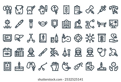 50 lineare Biopsien Ikonenpaket. Vektor dünnen Linie Hals, Laparoskopie, Brust, Haut, Gehirn, Rasieren, medizinische Bericht Icons geeignet für Apps und Websites ui Designs.