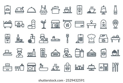 50 linear bistro and restaurant icon pack. vector thin line spatula, chicken, tray, apron, pot, soup, payment method icons suitable for apps and websites ui designs.