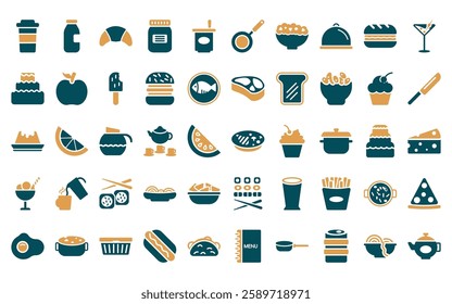 50 linear bistro and restaurant icon pack. vector thin line combine meal, milk brick, bakery croissant, mermelade jar, yogurt with spoon, frying pan from top, appetizers bowl icons suitable for apps