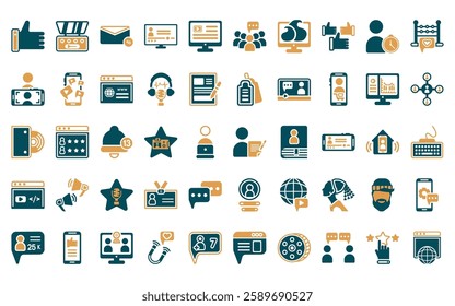 50 linear blogger and influencer icon pack. vector thin line copywriter, makeup palette, email, tv, monitor, community, fire icons suitable for apps and websites ui designs.
