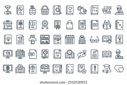 50 linear books icon pack. vector thin line calendar, contact book, drawer, shopping basket, search book, favorite, tea break icons suitable for apps and websites ui designs.