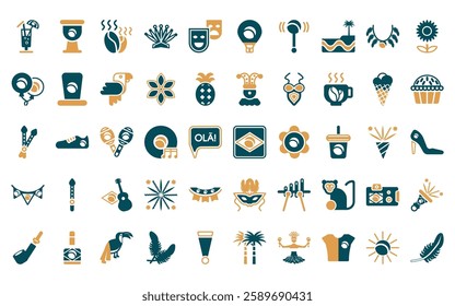 50 linear brazilia icon pack. vector thin line brazil, drum, coffee beans, headdress, theater masks, hot air balloon, rattle icons suitable for apps and websites ui designs.