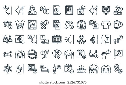 50 linear breast cancer awareness icon pack. vector thin line pain, injection, patient, awareness, medicine, medical report, donation icons suitable for apps and websites ui designs.