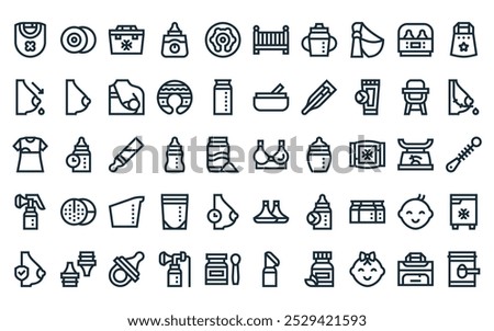 50 linear breastfeeding icon pack. vector thin line bra, nipple, cooler bag, bottle, breast, baby crib, baby cup feeder icons suitable for apps and websites ui designs.