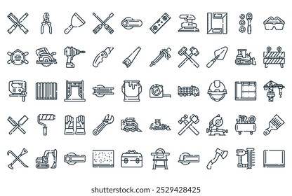 50 linear construção de construção ícone pack. vetor linha fina fita medida, alicate, raspador, chave de fenda, aço, nível de espírito, ícones de lixadeira adequados para aplicativos e sites projetos de iu.