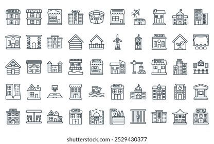 50 linear buildings icon pack. vector thin line building, two storey, food store, shopping mall, stadium, shop, airport icons suitable for apps and websites ui designs.