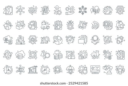 50 linear business continuity icon pack. vector thin line scalability, network, upgrade, recovery, strategy, management, cooling icons suitable for apps and websites ui designs.