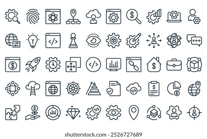 50 paquete de iconos de desarrollo de negocios lineales. Vector de línea delgada gráfico de barras, huella digital, átomo, marcador de posición, usuario de la nube, Sitio web, iconos de búsqueda adecuados para App y Sitios web.