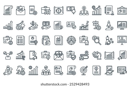 50 linear business development icon pack. vector thin line target, mail, app development, growth, target, idea, team work icons suitable for apps and websites ui designs.
