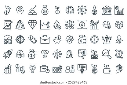 50 linear business and finance icon pack. vector thin line performance, mind, gold bars, money bag, coin, circular economy, bitcoin icons suitable for apps and websites ui designs.