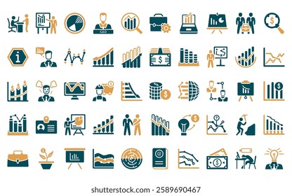 50 linear business icon pack. vector thin line one dollar coins, businessman showing a project sketch, pie graphic comparison interface, chief executive officer, data search interface, briefcase