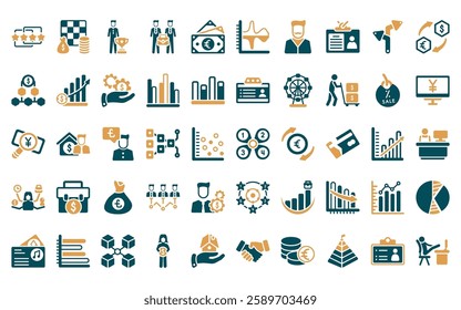 50 linear business icon pack. vector thin line infographic elements, economy games, man succesing, work parteners, euro bills, dual chart, man with moustach icons suitable for apps and websites ui