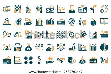 50 linear business icon pack. vector thin line infographic elements, economy games, man succesing, work parteners, euro bills, dual chart, man with moustach icons suitable for apps and websites ui