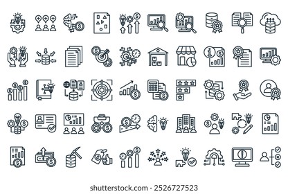 50 linear business intelligence icon pack. vector thin line budget, demand, business intelligence, unstructured data, improve, data analysis, evaluation icons suitable for apps and websites ui