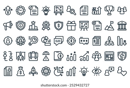 50 linear plano de negócios ícone pack. alvo de linha fina vetor, gerenciamento de tempo, contrato, análise de ideias, planejamento, recursos humanos, ícones de contrato adequados para aplicativos e sites projetos de iu.