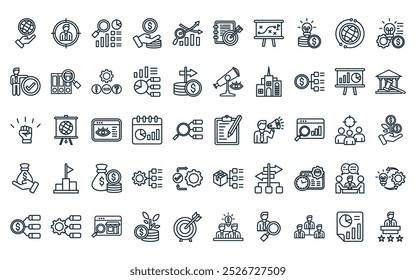 50 linear business planning icon pack. vector thin line evaluation, target, market research, cost, evaluation, goals, strategy icons suitable for apps and websites ui designs.