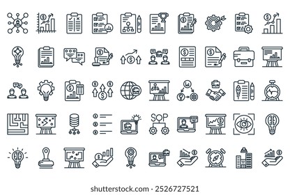 50 linear business project icon pack. vector thin line business plan, growth, pros and cons, project status, project plan, award, report icons suitable for apps and websites ui designs.