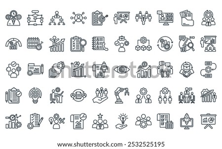 50 linear bussines management icon pack. vector thin line vision, flow chart, organization structure, network, target, presentation, leader icons suitable for apps and websites ui designs.