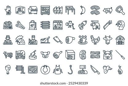 50 lineales carnicería paquete de iconos. Vector delgado línea jamón pierna, etiqueta, vitrina, refrigerador, jamón, mesa, embutidos iconos adecuados para App y Sitios web UI diseños.