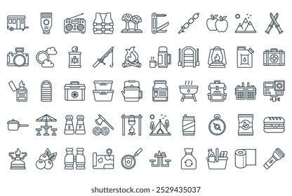 50 linear camping icon pack. vector thin line jam, sunscreen, radio, life vest, mushrooms, swiss army knife, marshmallow icons suitable for apps and websites ui designs.