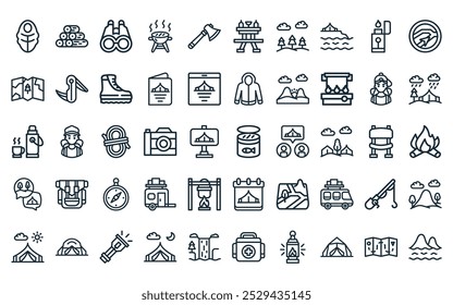 50 linear camping icon pack. vector thin line canned food, logs, binoculars,  , axe, table, forest icons suitable for apps and websites ui designs.