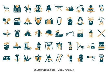 50 linear camping icon pack. vector thin line boot, fishing vest, jockey, raft, tree, camp table, mountain icons suitable for apps and websites ui designs.