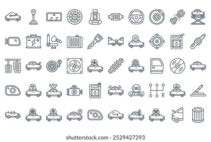 50 paquete de iconos lineales del tablero de instrumentos del coche Suspensión de línea delgada del Vector, palillo de engranaje, parabrisas, neumático, asiento, convertidor catalítico, iconos del volante convenientes para los diseños de la UI de los App y de los Sitios web.