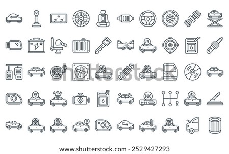 50 linear car dashboard icon pack. vector thin line suspension, gear stick, windscreen, tyre, seat, catalytic converter, steering wheel icons suitable for apps and websites ui designs.