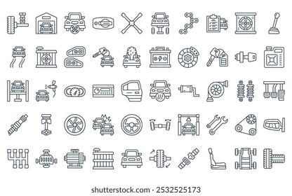 50 linear car maintenance icon pack. vector thin line heater, garage, repair, handle, lug wrench, tire, chain icons suitable for apps and websites ui designs.
