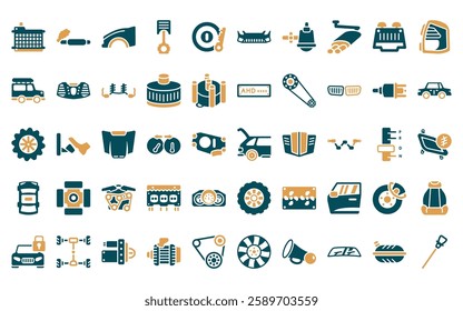 50 linear car parts icon pack. vector thin line car boot, car tailpipe, fender (us, canadian), piston, ignition, bumper, sump icons suitable for apps and websites ui designs.