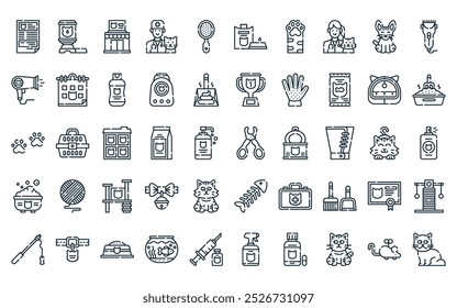 50 lineares gatos ícone pack. vetor linha fina cortador de unhas, dispensador, pet shop, veterinário, escova de animais de estimação, leite, ícones de pata adequados para aplicativos e sites projetos de iu.