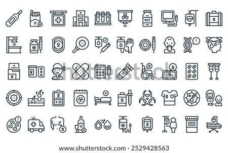 50 linear chemotherapy icon pack. vector thin line tube, no smoking, phary, hospital, tubes, radiation, vitamins icons suitable for apps and websites ui designs.