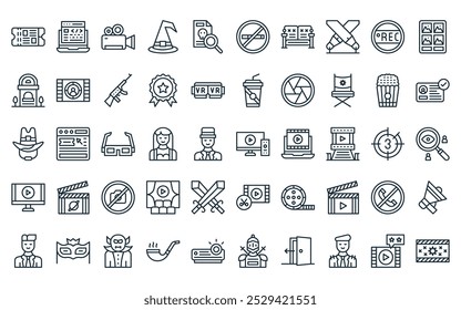 50 linear cinema icon pack. vector thin line tv, script, video camera, witch hat, crime file, no smoking, sofa icons suitable for apps and websites ui designs.