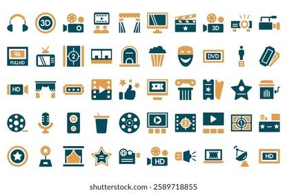50 linear cinema icon pack. vector thin line buy tickets online, 3d, old projector, people watching a movie, cinema curtain, flat tv, cinema clapperboard icons suitable for apps and websites ui